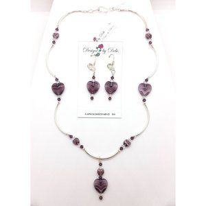 Purple Hearts & Crystals Necklace & Earrings